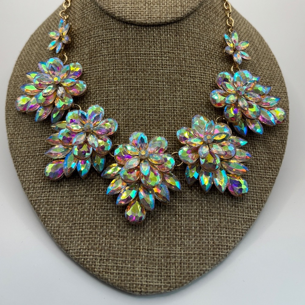 Floral Statement Necklace Gold Tone AB Rhinestone Bling 4.1 oz 15"